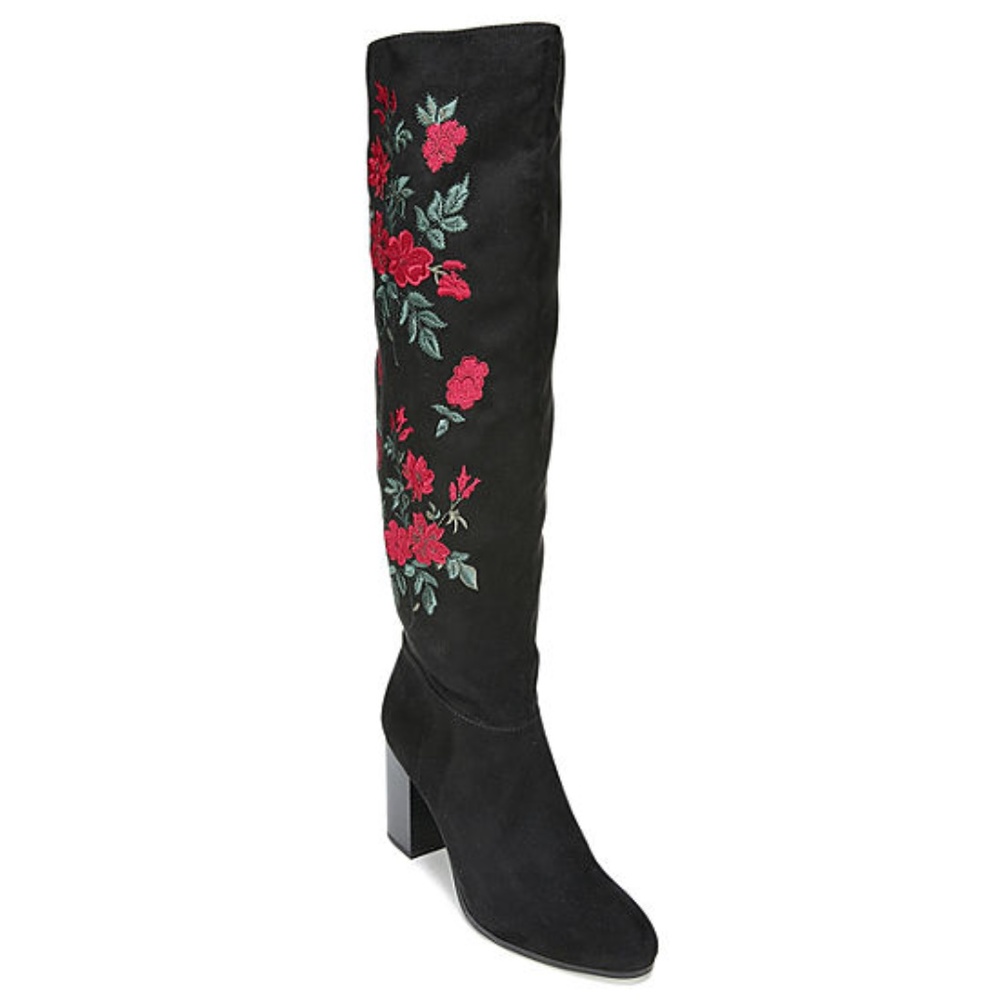 *SALE* Black Knee High Boots with Red Floral